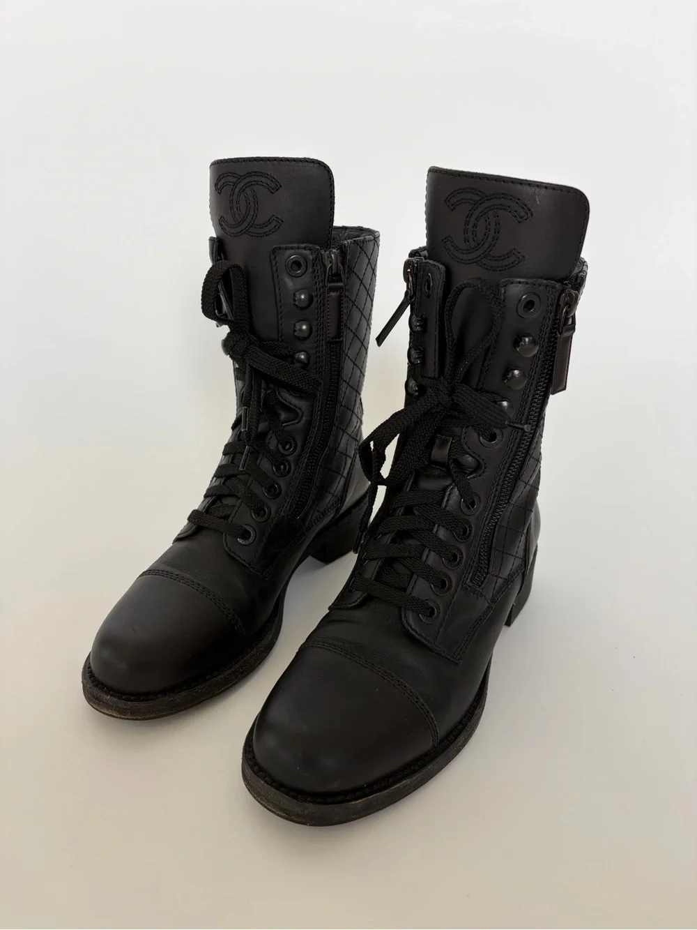 Chanel Iconic Logo Classic Calfskin Leather Diamond Stitch Combat Boots  size 37